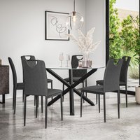 More4Homes Malvern Round Dining Table & Chairs - Clear Glass Table Top w Solid Oak Black Legs + Monza Fabric Dining Chair Set Of 6 in Charcoal