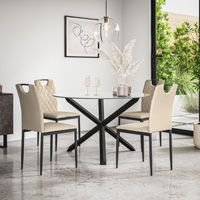 More4Homes Malvern Round Dining Table & Chairs - Clear Glass Table Top w Solid Oak Black Legs + Monza Faux Leather Dining Chair Set Of 4 in Beige