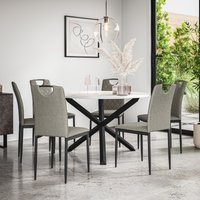 More4Homes Malvern Round Dining Table & Chairs - Marble Table Top w Solid Oak Black Legs + Monza Fabric Dining Chair Set Of 6 in Grey