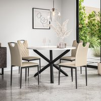 More4Homes Malvern Round Dining Table & Chairs - Marble Table Top w Solid Oak Black Legs + Monza Faux Leather Dining Chair Set Of 4 in Beige