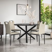 More4Homes Malvern Round Dining Table & Chairs - Black Table Top w Solid Oak Black Legs + Monza Fabric Dining Chair Set Of 4 in Beige