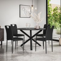 More4Homes Malvern Round Dining Table & Chairs - Black Table Top w Solid Oak Black Legs + Monza Faux Leather Dining Chair Set Of 4