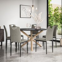 More4Homes Malvern Round Dining Table & Chairs - Black Table Top w Solid Oak Legs + Monza Fabric Dining Chair Set Of 6 in Grey