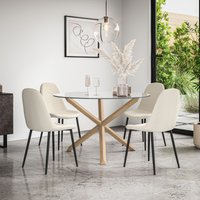 More4Homes Malvern Round Dining Table & Chairs - Clear Glass Table Top w Solid Oak Legs + Maya Boucle Dining Chair Set Of 4 in Ivory