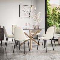 More4Homes Malvern Round Dining Table & Chairs - Clear Glass Table Top w Solid Oak Legs + Maya Boucle Dining Chair Set Of 6 in Ivory