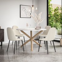 More4Homes Malvern Round Dining Table & Chairs - Marble Table Top w Solid Oak Legs + Maya Boucle Dining Chair Set Of 4 in Ivory