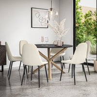 More4Homes Malvern Round Dining Table & Chairs - Black Table Top w Solid Oak Legs + Maya Boucle Dining Chair Set Of 6 in Ivory