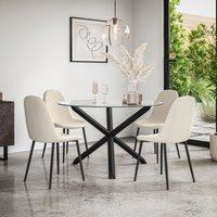 More4Homes Malvern Round Dining Table & Chairs - Clear Glass Table Top w Solid Oak Black Legs + Maya Boucle Dining Chair Set Of 4 in Ivory