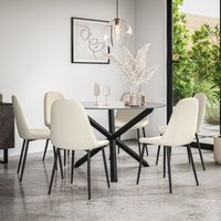 More4Homes Malvern Round Dining Table & Chairs - Clear Glass Table Top w Solid Oak Black Legs + Maya Boucle Dining Chair Set Of 6 in Ivory