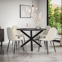 More4Homes Malvern Round Dining Table & Chairs - Black Table Top w Solid Oak Black Legs + Maya Boucle Dining Chair Set Of 4 in Ivory