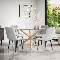 More4Homes Malvern Round Dining Table & Chairs - Clear Glass Table Top w Solid Oak Legs + Nova Velvet Dining Chair Set Of 4 in Grey