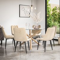 More4Homes Malvern Round Dining Table & Chairs - Clear Glass Table Top w Solid Oak Legs + Nova Velvet Dining Chair Set Of 6 in Beige