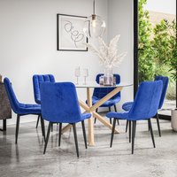 More4Homes Malvern Round Dining Table & Chairs - Clear Glass Table Top w Solid Oak Legs + Nova Velvet Dining Chair Set Of 6 in Blue