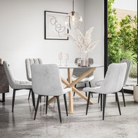More4Homes Malvern Round Dining Table & Chairs - Clear Glass Table Top w Solid Oak Legs + Nova Velvet Dining Chair Set Of 6 in Grey