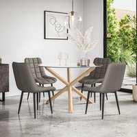 More4Homes Malvern Round Dining Table & Chairs - Clear Glass Table Top w Solid Oak Legs + Nova Faux Leather Dining Chair Set Of 4 in Grey
