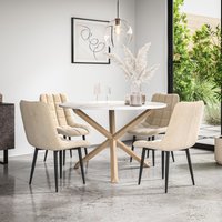 More4Homes Malvern Round Dining Table & Chairs - Marble Table Top w Solid Oak Legs + Nova Velvet Dining Chair Set Of 4 in Beige