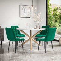 More4Homes Malvern Round Dining Table & Chairs - Marble Table Top w Solid Oak Legs + Nova Velvet Dining Chair Set Of 4 in Green