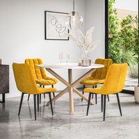 More4Homes Malvern Round Dining Table & Chairs - Marble Table Top w Solid Oak Legs + Nova Velvet Dining Chair Set Of 4 in Mustard
