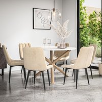 More4Homes Malvern Round Dining Table & Chairs - Marble Table Top w Solid Oak Legs + Nova Velvet Dining Chair Set Of 6 in Beige