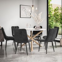 More4Homes Malvern Round Dining Table & Chairs - Marble Table Top w Solid Oak Legs + Nova Velvet Dining Chair Set Of 6 in Black