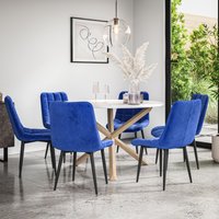 More4Homes Malvern Round Dining Table & Chairs - Marble Table Top w Solid Oak Legs + Nova Velvet Dining Chair Set Of 6 in Blue