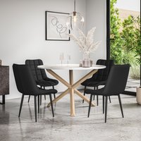 More4Homes Malvern Round Dining Table & Chairs - Marble Table Top w Solid Oak Legs + Nova Faux Leather Dining Chair Set Of 4 in Black