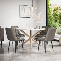 More4Homes Malvern Round Dining Table & Chairs - Marble Table Top w Solid Oak Legs + Nova Faux Leather Dining Chair Set Of 4 in Grey