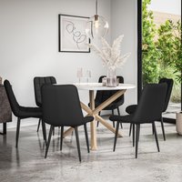 More4Homes Malvern Round Dining Table & Chairs - Marble Table Top w Solid Oak Legs + Nova Faux Leather Dining Chair Set Of 6 in Black