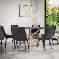 More4Homes Malvern Round Dining Table & Chairs - Black Table Top w Solid Oak Legs + Nova Velvet Dining Chair Set Of 6