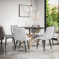 More4Homes Malvern Round Dining Table & Chairs - Black Table Top w Solid Oak Legs + Nova Velvet Dining Chair Set Of 6 in Grey