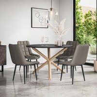 More4Homes Malvern Round Dining Table & Chairs - Black Table Top w Solid Oak Legs + Nova Faux Leather Dining Chair Set Of 4 in Grey