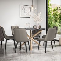 More4Homes Malvern Round Dining Table & Chairs - Black Table Top w Solid Oak Legs + Nova Faux Leather Dining Chair Set Of 6 in Grey