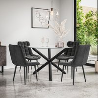 More4Homes Malvern Round Dining Table & Chairs - Clear Glass Table Top w Solid Oak Black Legs + Nova Velvet Dining Chair Set Of 4