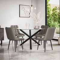 More4Homes Malvern Round Dining Table & Chairs - Clear Glass Table Top w Solid Oak Black Legs + Nova Faux Leather Dining Chair Set Of 4 in Grey