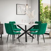 More4Homes Malvern Round Dining Table & Chairs - Marble Table Top w Solid Oak Black Legs + Nova Velvet Dining Chair Set Of 4 in Green