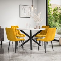 More4Homes Malvern Round Dining Table & Chairs - Marble Table Top w Solid Oak Black Legs + Nova Velvet Dining Chair Set Of 4 in Mustard