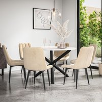More4Homes Malvern Round Dining Table & Chairs - Marble Table Top w Solid Oak Black Legs + Nova Velvet Dining Chair Set Of 6 in Beige