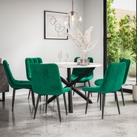 More4Homes Malvern Round Dining Table & Chairs - Marble Table Top w Solid Oak Black Legs + Nova Velvet Dining Chair Set Of 6 in Green