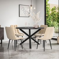 More4Homes Malvern Round Dining Table & Chairs - Black Table Top w Solid Oak Black Legs + Nova Velvet Dining Chair Set Of 4 in Beige