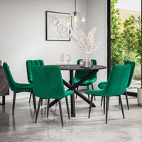 More4Homes Malvern Round Dining Table & Chairs - Black Table Top w Solid Oak Black Legs + Nova Velvet Dining Chair Set Of 6 in Green