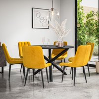 More4Homes Malvern Round Dining Table & Chairs - Black Table Top w Solid Oak Black Legs + Nova Velvet Dining Chair Set Of 6 in Mustard
