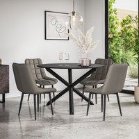 More4Homes Malvern Round Dining Table & Chairs - Black Table Top w Solid Oak Black Legs + Nova Faux Leather Dining Chair Set Of 4 in Grey