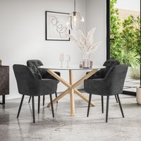 More4Homes Malvern Round Dining Table & Chairs - Clear Glass Table Top w Solid Oak Legs + Anika Velvet Dining Chair Set Of 4 in Black