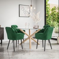 More4Homes Malvern Round Dining Table & Chairs - Clear Glass Table Top w Solid Oak Legs + Anika Velvet Dining Chair Set Of 4 in Green