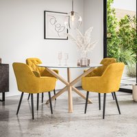 More4Homes Malvern Round Dining Table & Chairs - Clear Glass Table Top w Solid Oak Legs + Anika Velvet Dining Chair Set Of 4 in Mustard