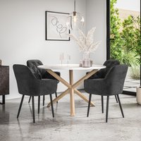 More4Homes Malvern Round Dining Table & Chairs - Marble Table Top w Solid Oak Legs + Anika Velvet Dining Chair Set Of 4 in Black