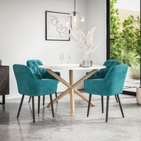 More4Homes Malvern Round Dining Table & Chairs - Marble Table Top w Solid Oak Legs + Anika Velvet Dining Chair Set Of 4 in Blue