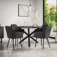 More4Homes Malvern Round Dining Table & Chairs - Black Table Top w Solid Oak Black Legs + Anika Velvet Dining Chair Set Of 4