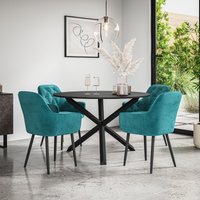 More4Homes Malvern Round Dining Table & Chairs - Black Table Top w Solid Oak Black Legs + Anika Velvet Dining Chair Set Of 4 in Blue