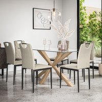 More4Homes Etta Glass Dining Table & Chairs - Glass Top w Solid Oak Legs + Monza Fabric Dining Chair Set Of 6 in Beige